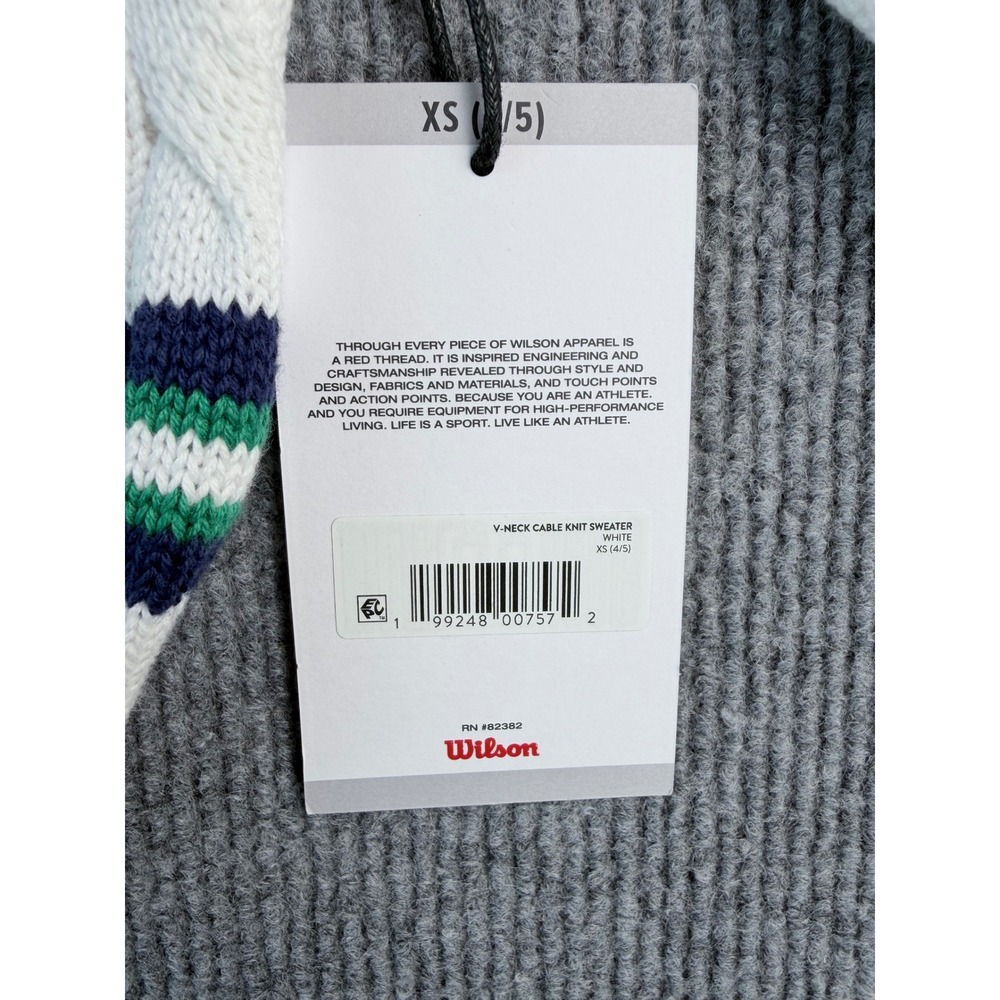 Wilson Kids White V-Neck Cable Knit Sweater Navy Green Stripe Logo XS 4/5 NWT - Picture 3 of 8